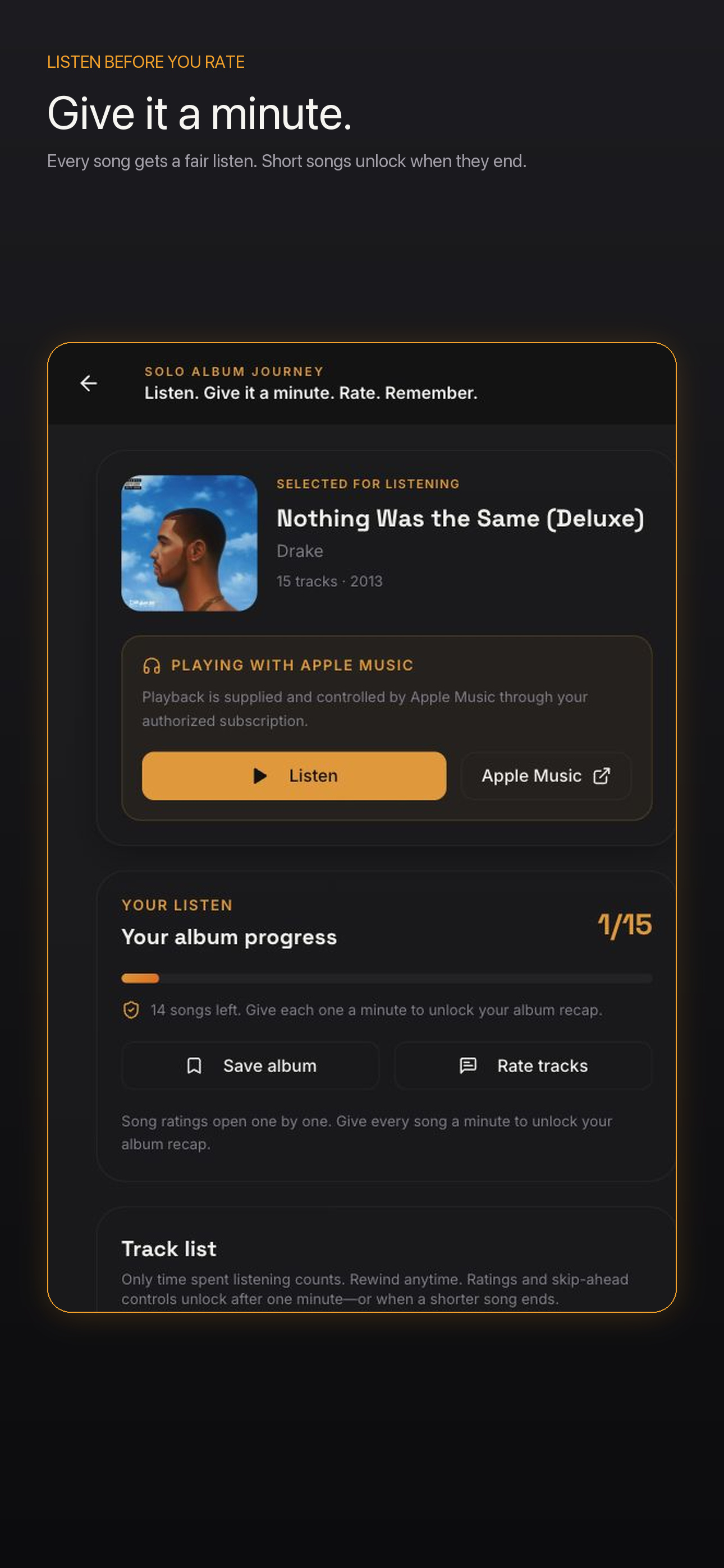 SpinClub Give It a Minute listening progress screen
