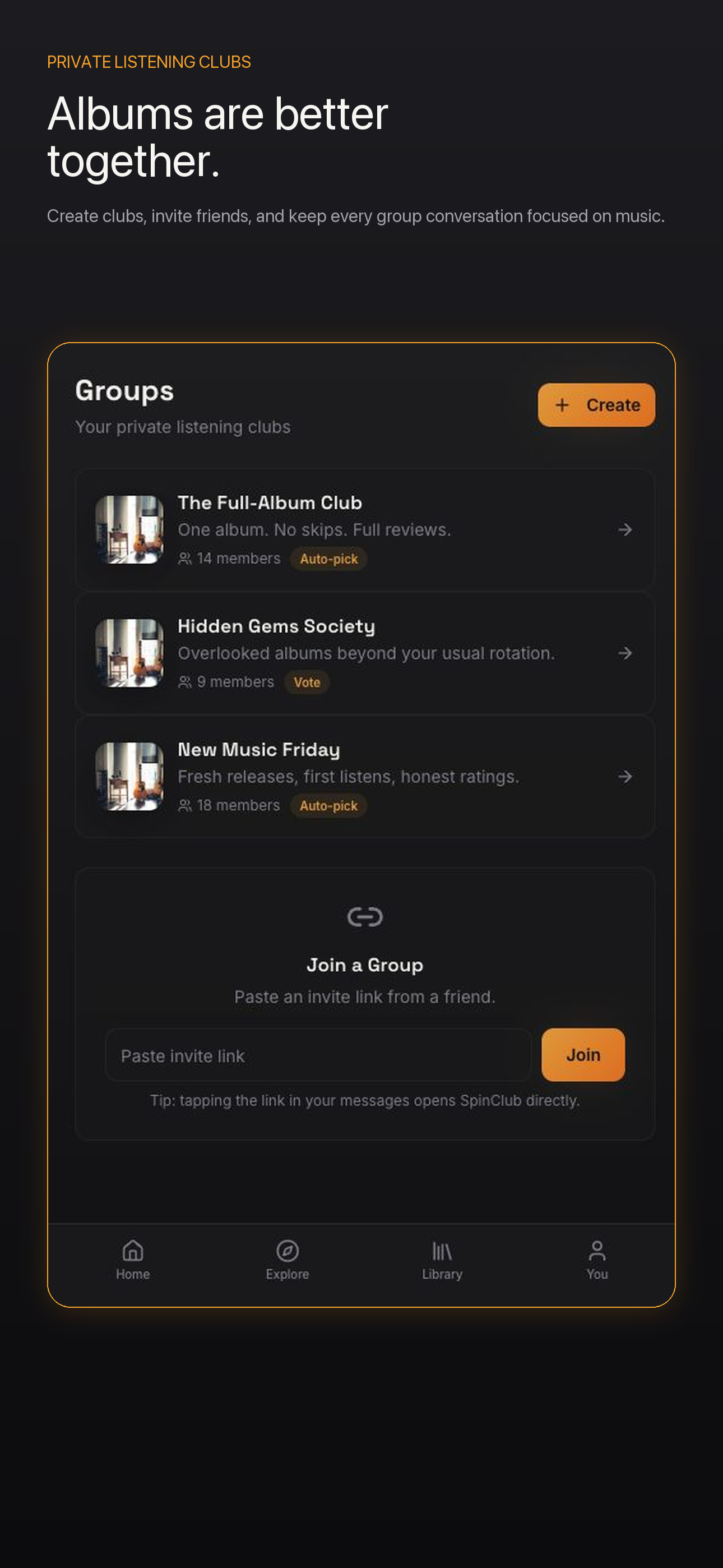 SpinClub private listening clubs and group invite experience